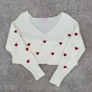 Pink Lily Distant Thoughts Ivory V-Neck Heart Sweater (S)